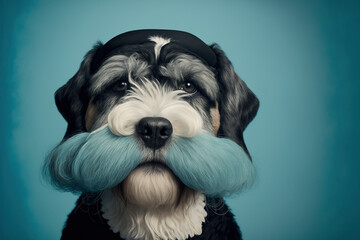 Dog with funny blue mustache. Created with Generative AI technology.