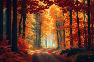 Autumn forest with colorful trees and road