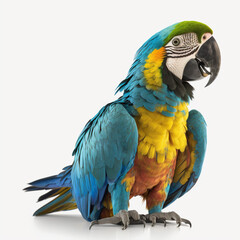 Obraz premium Blue and yellow macaw isolated on white illustration, water splash, created with Generative AI technology