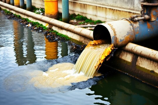 Draining sewage from pipe into river, pollution rivers and ecology. AI generated. Background with selective focus