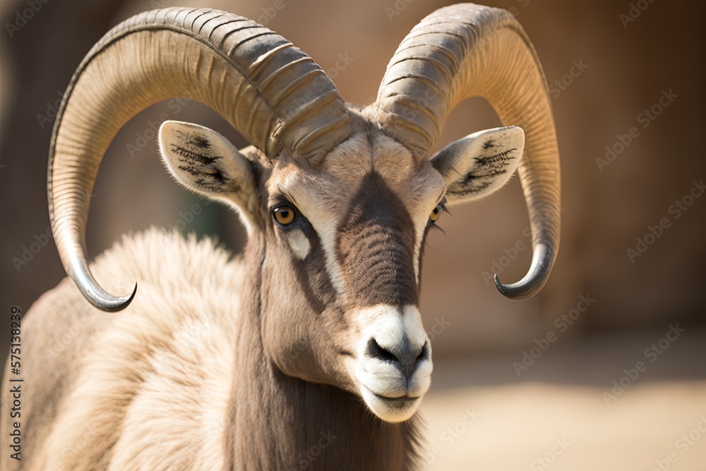Poster an argali is seen up close against a hazy backdrop. generative ai