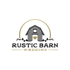 Wooden Barn Farm Simple Logo For Wedding Venue With Minimalist Vintage Retro Golden Line Art