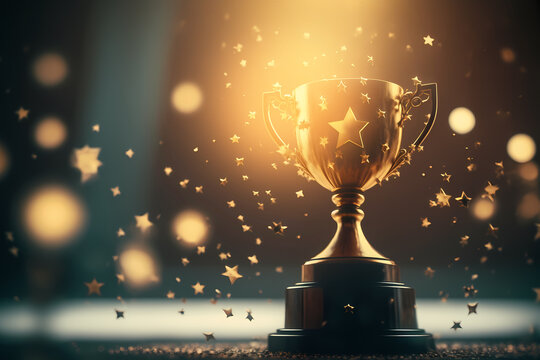 Champion golden trophy with gold stars sun shine on dark background. Generation AI