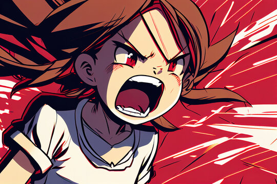 Angry shouting anime girl. AI generated image.
