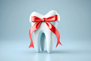 Fototapeta na wymiar White healthy human tooth with red gift ribbon on isolated blue background. Concept dental oral health. Generation AI