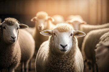 Obraz premium Sheep livestock farm. Happy lamb with sunlight. Agriculture industry ram banner. Generation AI