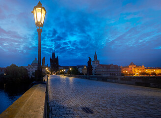 Fototapeta premium View at Charles bridge before sunrise. Prague
