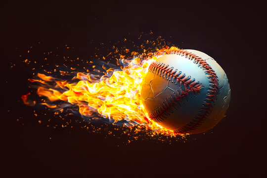 Baseball ball burns in flight on a dark background. Generative AI