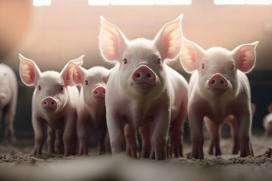 Pigs livestock farm. Happy piglet with sunlight. Agriculture industry swine banner. Generation AI