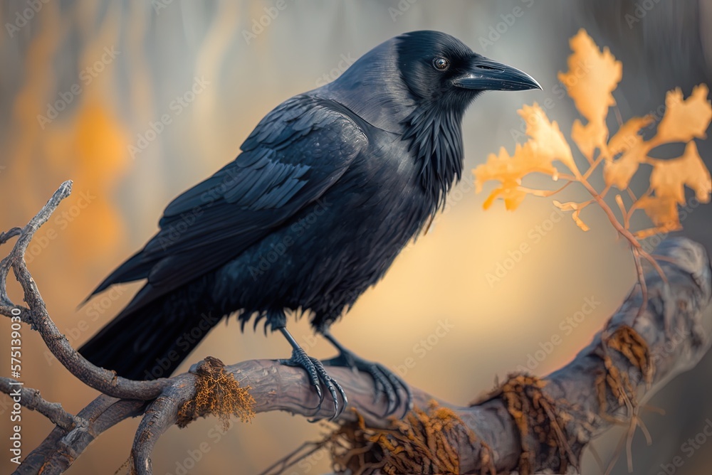 Poster hazy closeup of an american crow sitting on a tree limb. generative ai