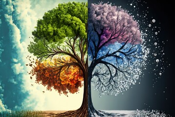Illustration of the 4 seasons on the basis of a tree. Spring, summer, autumn and winter in one illustration. Ideal for websites and as background.