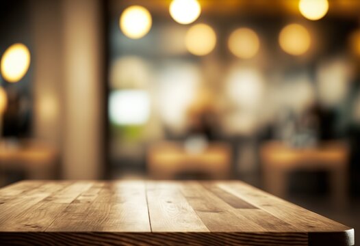 Mockup storage surface on wooden table in restaurant. Empty wooden tabletop made of teak for presenting products, food, spices or drinks. Free space for products. , bokeh background