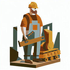 Vector images of a  construction worker in an orange hard hat and orange vest staring, beard, holding tools. Generetive AI 