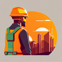 Vector Images of a construction worker in an orange hard hat and orange vest staring out to the city. Generative AI