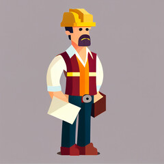 Vector image of a construction worker with an orange hard hat, red vest, and beard. Generative AI  