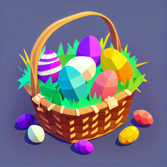Vector imagine of colorful Easter egg basket purple background.  Generative AI