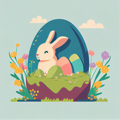 Vector imagine of Easter bunny in an Easter basket with colorful eggs and flowers. Generative AI.  