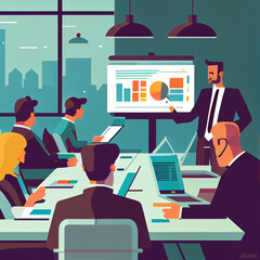 Vector images of a sales person presenting in a meeting with sales chart in a boardroom with other employees and their laptops Generative AI 