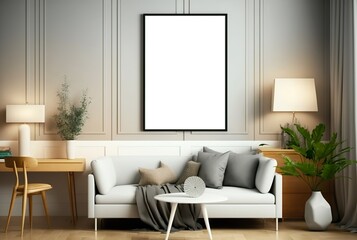 Vertical picture frame mockup in the living room. Poster or photo motif to insert for the online shop. Wall mural product presentation