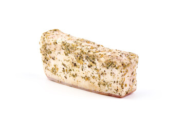 Piece of salty high-fat meat cooked with spices. Salo, bacon, lard, silverside, gammon. Garlic, spices, isolated on white background.