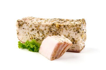 Piece of salty high-fat meat cooked with spices. Salo, bacon, lard, silverside, gammon. Garlic, spices, isolated on white background.