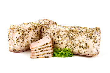 Piece of salty high-fat meat cooked with spices. Salo, bacon, lard, silverside, gammon. Garlic, spices, isolated on white background.