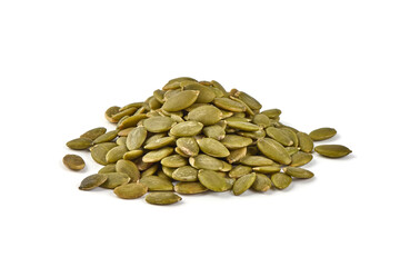 Pumpkin seeds or pepitas, isolated on white background.