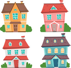 Set of four colourful houses. Cute cottasges. Cartoon townhouses with trees.Kids vector houses set. Sweet home. Vector illustration in flat style.