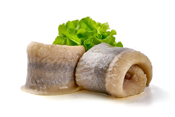 Atlantic salted herring fillet, isolated on white background.