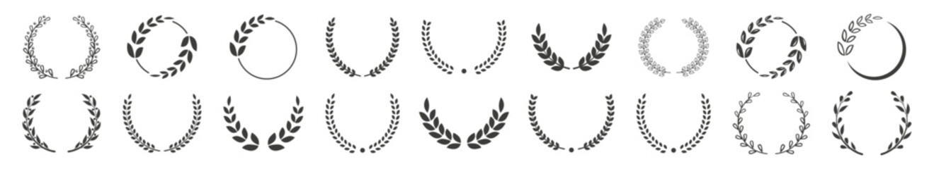 Set of black circular foliate laurels branches. Laurel wreaths icons collection. Vector isolated illustration. Award winner champion.