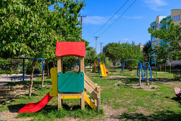Modern children's playground. Background with selective focus and copy space