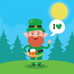 Leprechaun with mug if it's beer. Saint Patrick's Day symbol. Vector illustration.Isolated on white background.