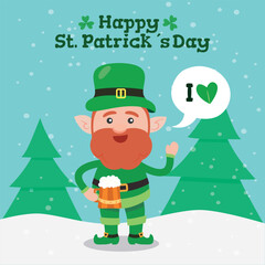 Leprechaun with mug if it's beer. Saint Patrick's Day symbol. Vector illustration.Isolated on white background.