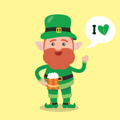 Leprechaun with mug if it's beer. Saint Patrick's Day symbol. Vector illustration.Isolated on white background.