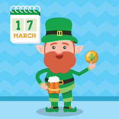 Leprechaun with mug if it's beer. Saint Patrick's Day symbol. Vector illustration.Isolated on white background.