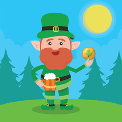 Leprechaun with mug if it's beer. Saint Patrick's Day symbol. Vector illustration.Isolated on white background.