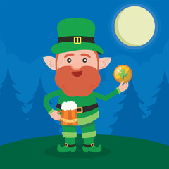 Leprechaun with mug if it's beer. Saint Patrick's Day symbol. Vector illustration.Isolated on white background.