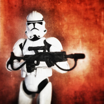 NEW YORK USA, OCT 25 2016: Star Wars Phase II Clone trooper against red painted background - Hasbro action figure