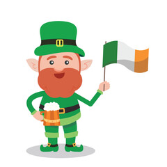 Leprechaun with mug if it's beer. Saint Patrick's Day symbol. Vector illustration.Isolated on white background.