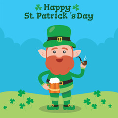 Leprechaun with mug if it's beer. Saint Patrick's Day symbol. Vector illustration.Isolated on white background.