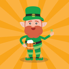 Leprechaun with mug if it's beer. Saint Patrick's Day symbol. Vector illustration.Isolated on white background.