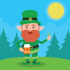 Leprechaun with mug if it's beer. Saint Patrick's Day symbol. Vector illustration.Isolated on white background.