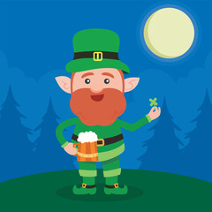 Leprechaun with mug if it's beer. Saint Patrick's Day symbol. Vector illustration.Isolated on white background.