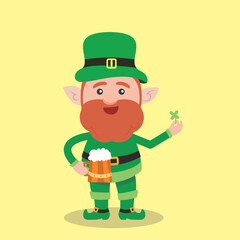 Leprechaun with mug if it's beer. Saint Patrick's Day symbol. Vector illustration.Isolated on white background.