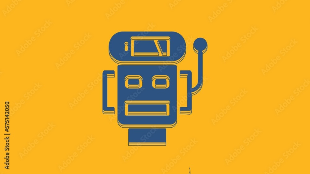 Poster blue robot low battery charge icon isolated on orange background. artificial intelligence, machine l