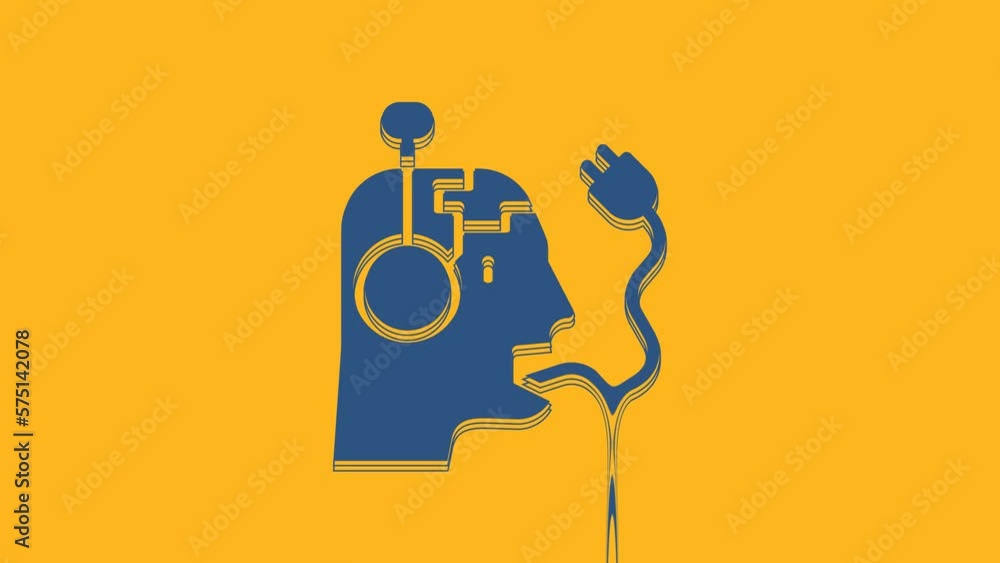 Poster blue robot charging battery icon isolated on orange background. artificial intelligence, machine lea