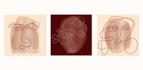 Male and female faces of one line.Minimalist continuous portrait with watercolor.Vector for posters,t-shirts,cards,posts