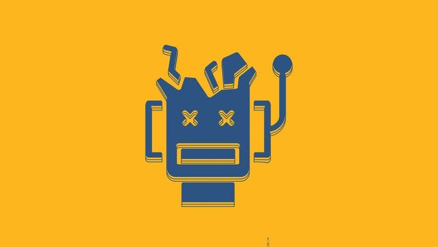 Blue Broken robot icon isolated on orange background. Artificial intelligence, machine learning, cloud computing. 4K Video motion graphic animation