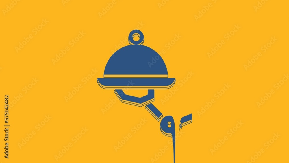 Poster blue waiter robot with covered plate icon isolated on orange background. artificial intelligence, ma