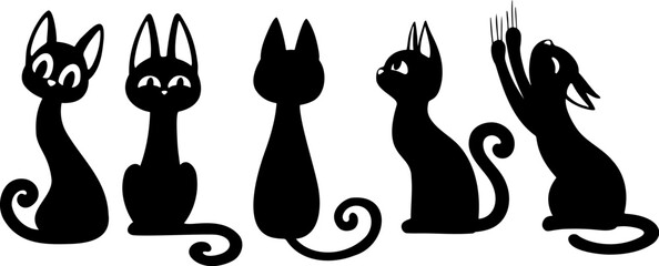 Black cats silhouettes set for halloween and other. Cat shapes isolated on white background. Cute cats stencils.